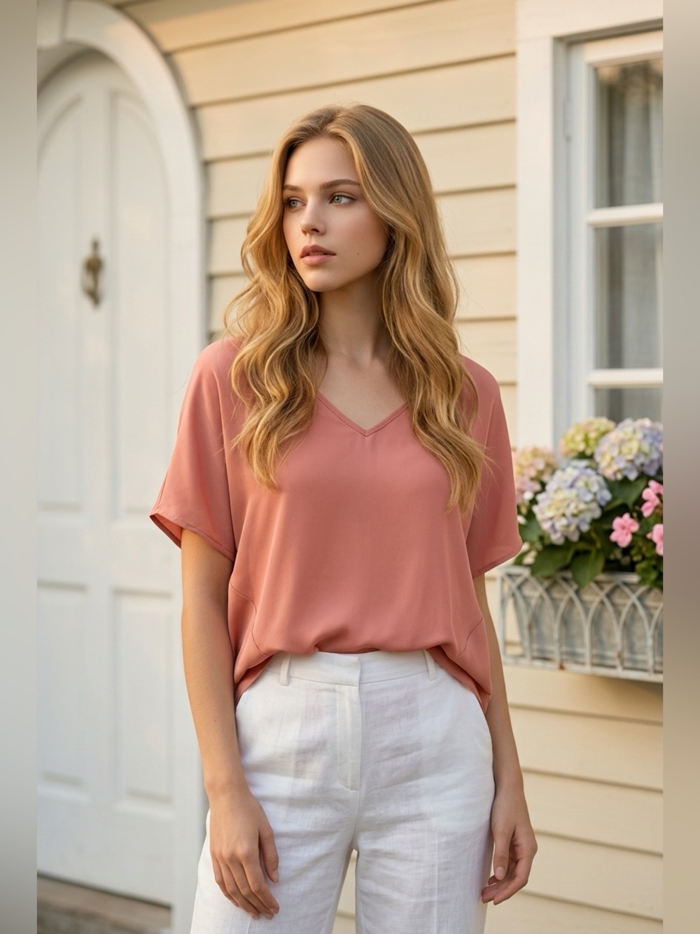 Lush Coral V-Neck Dolman Sleeve Blouse